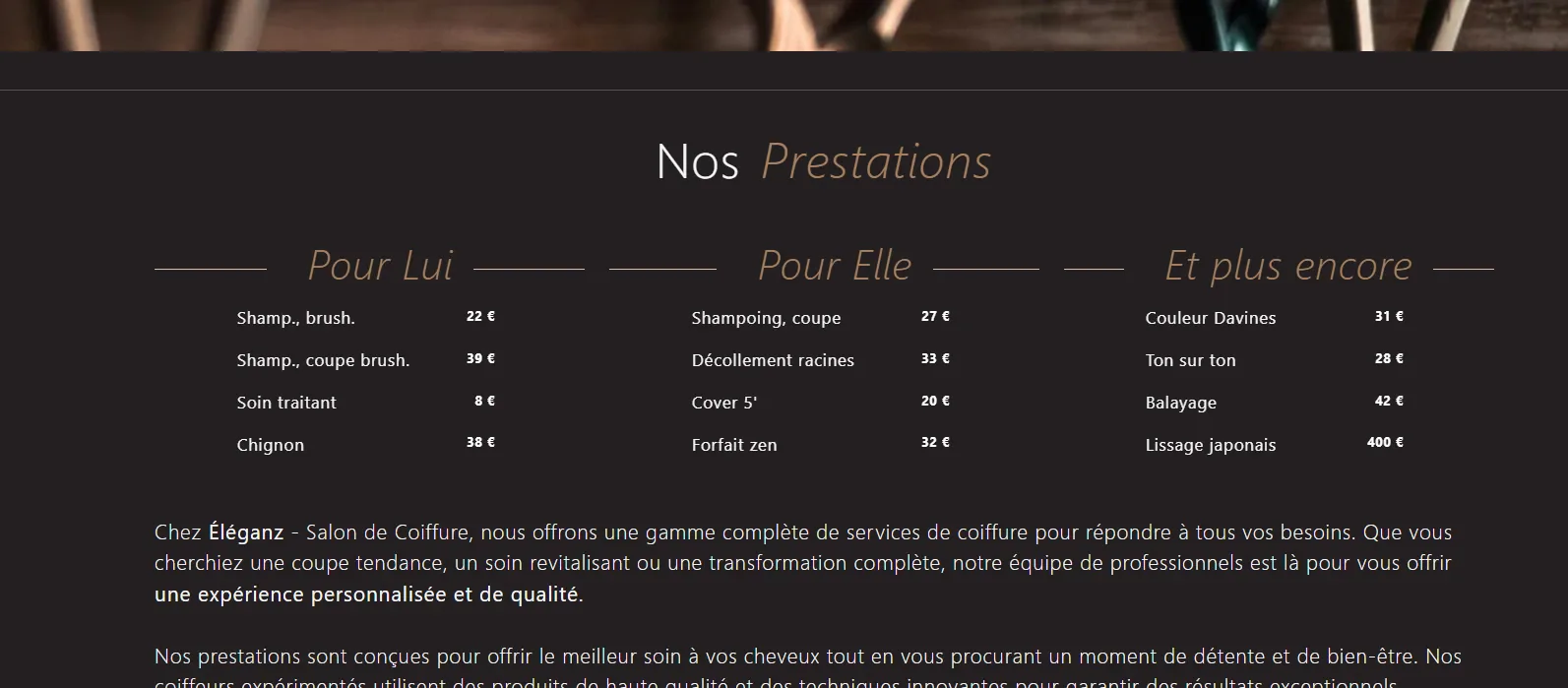 Aperçu d’un site vitrine pour salon de coiffure